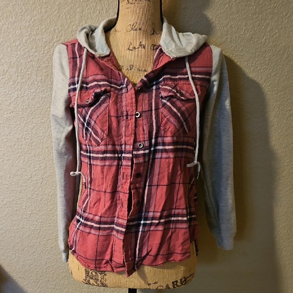 Rue21 Red and Gray Plaid Hooded Jacket